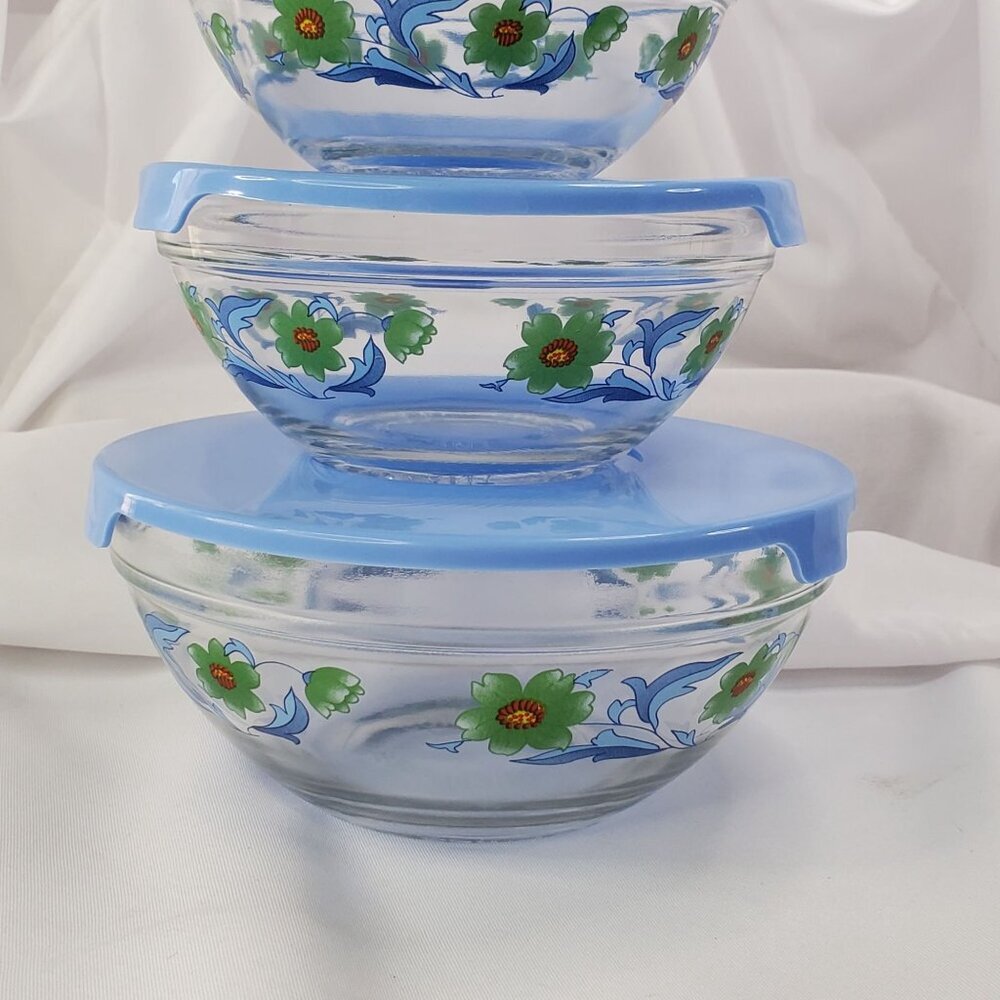 Vintage Imperial Glass Blue Green Flower Nesting Bowls Storage 1970's Set of 4 - Picture 5 of 14